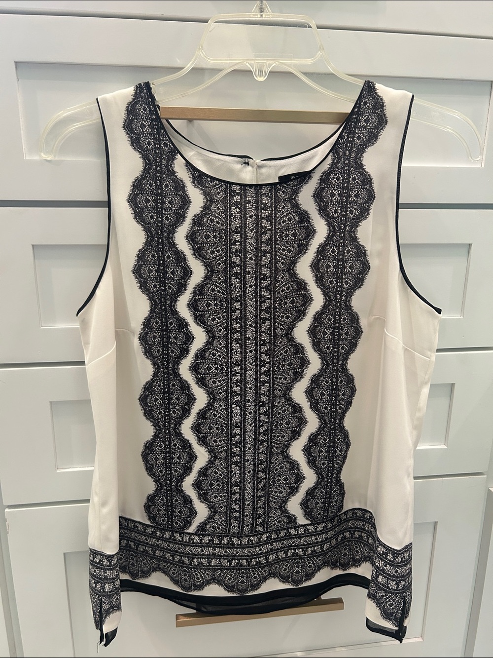 White House Black Market White Sleeveless Top with Black Lace-Style Panel